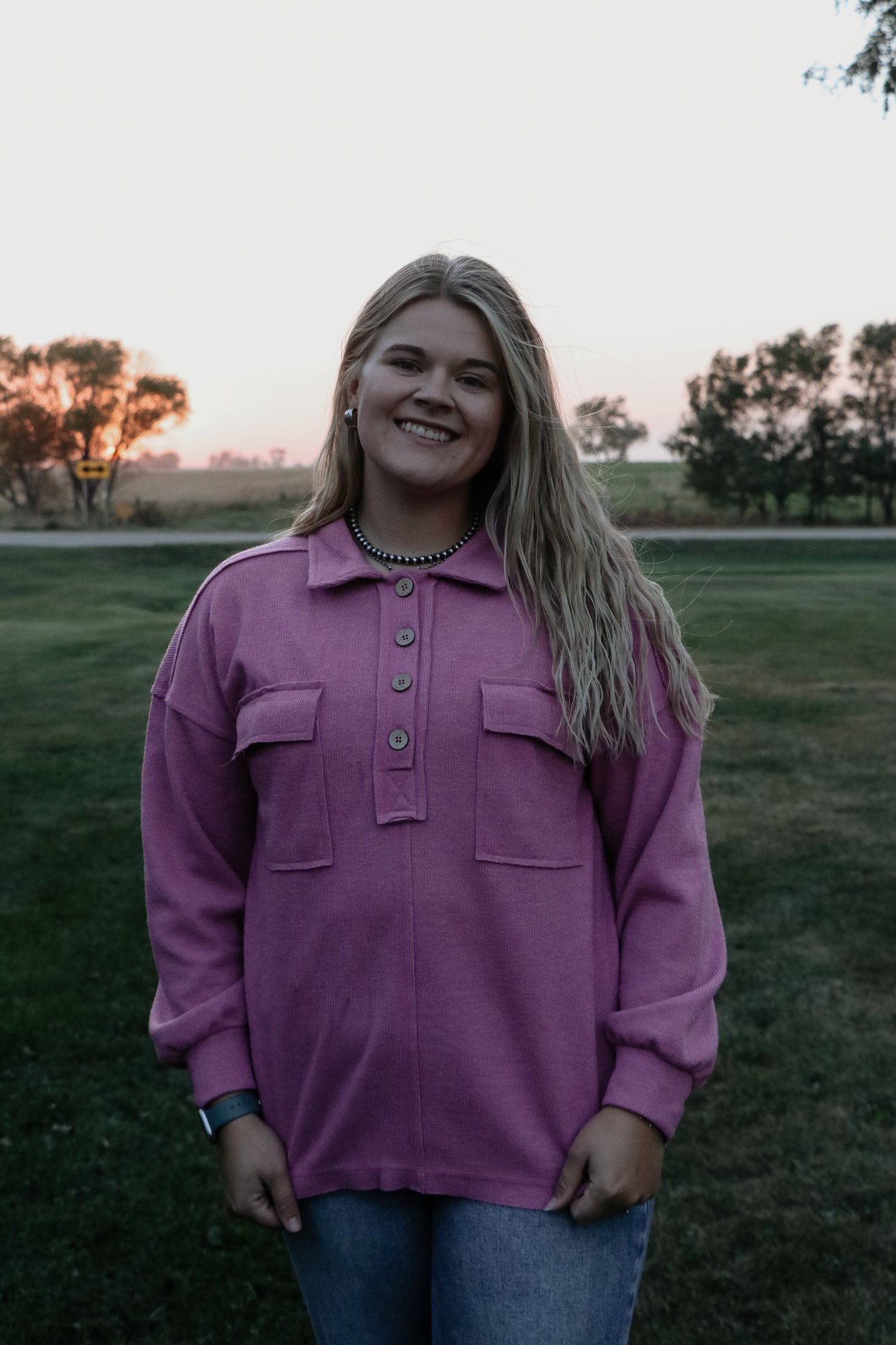 Collared Button Down Henley Knit Top w/ Pockets