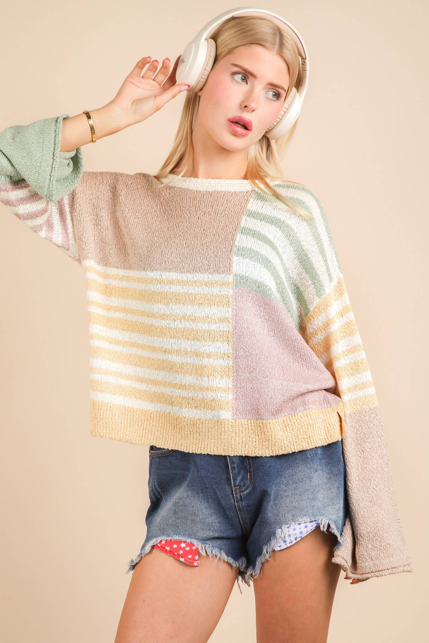 Oversized Color Block & Stripe Knit Sweater Top