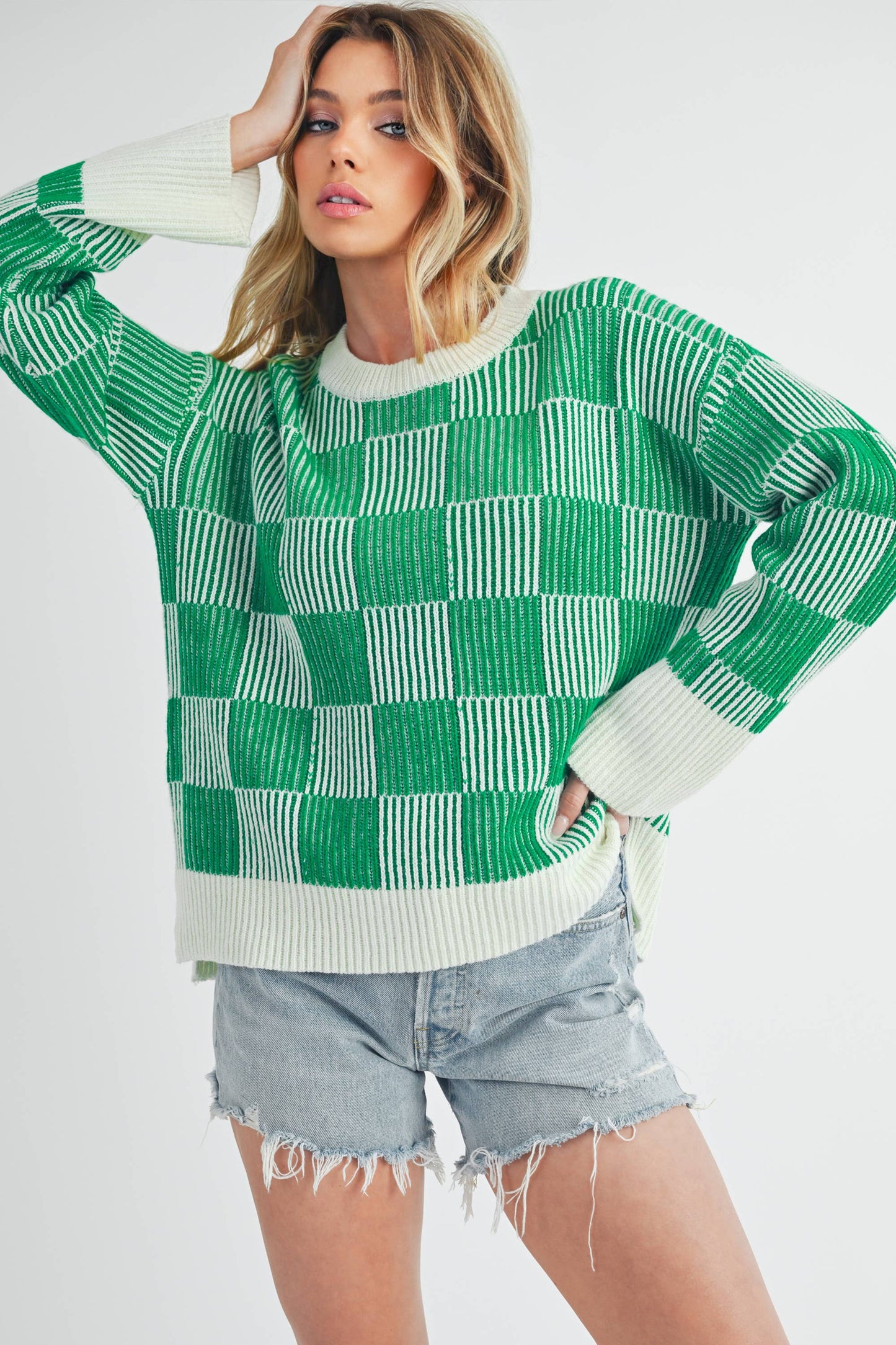 Green & White Checkered Sweater