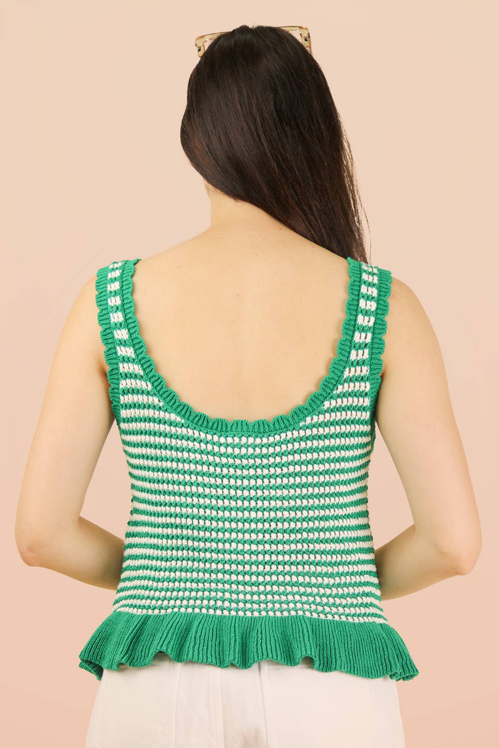 Kelly Green Ruffle Hem Stripe Sleeveless Knit Sweater Top
