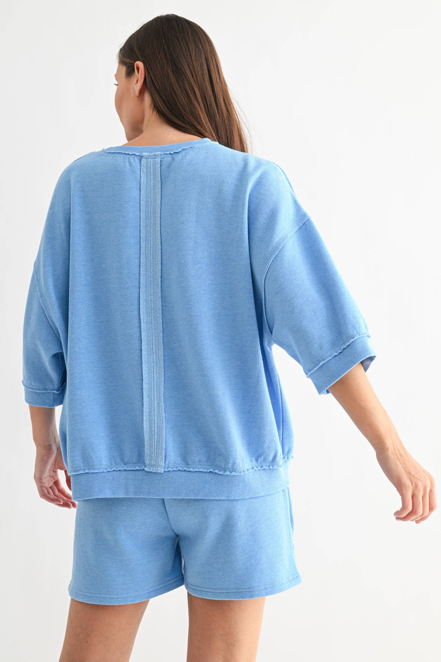 Cotton Blend Fleece Fray ¾ Sleeve Lounge Top