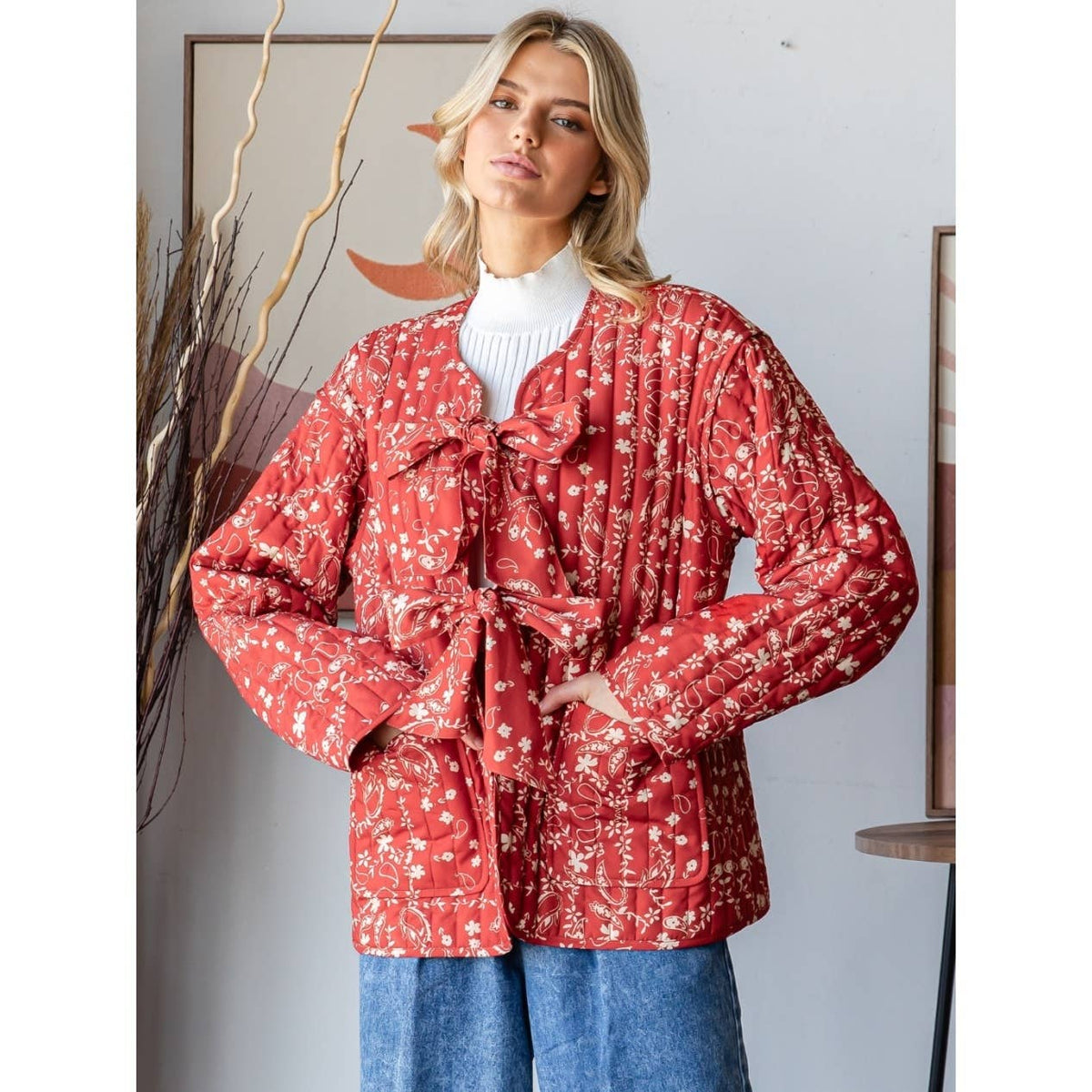 Quilted Oversize Jacket with Front Ribbon Tie