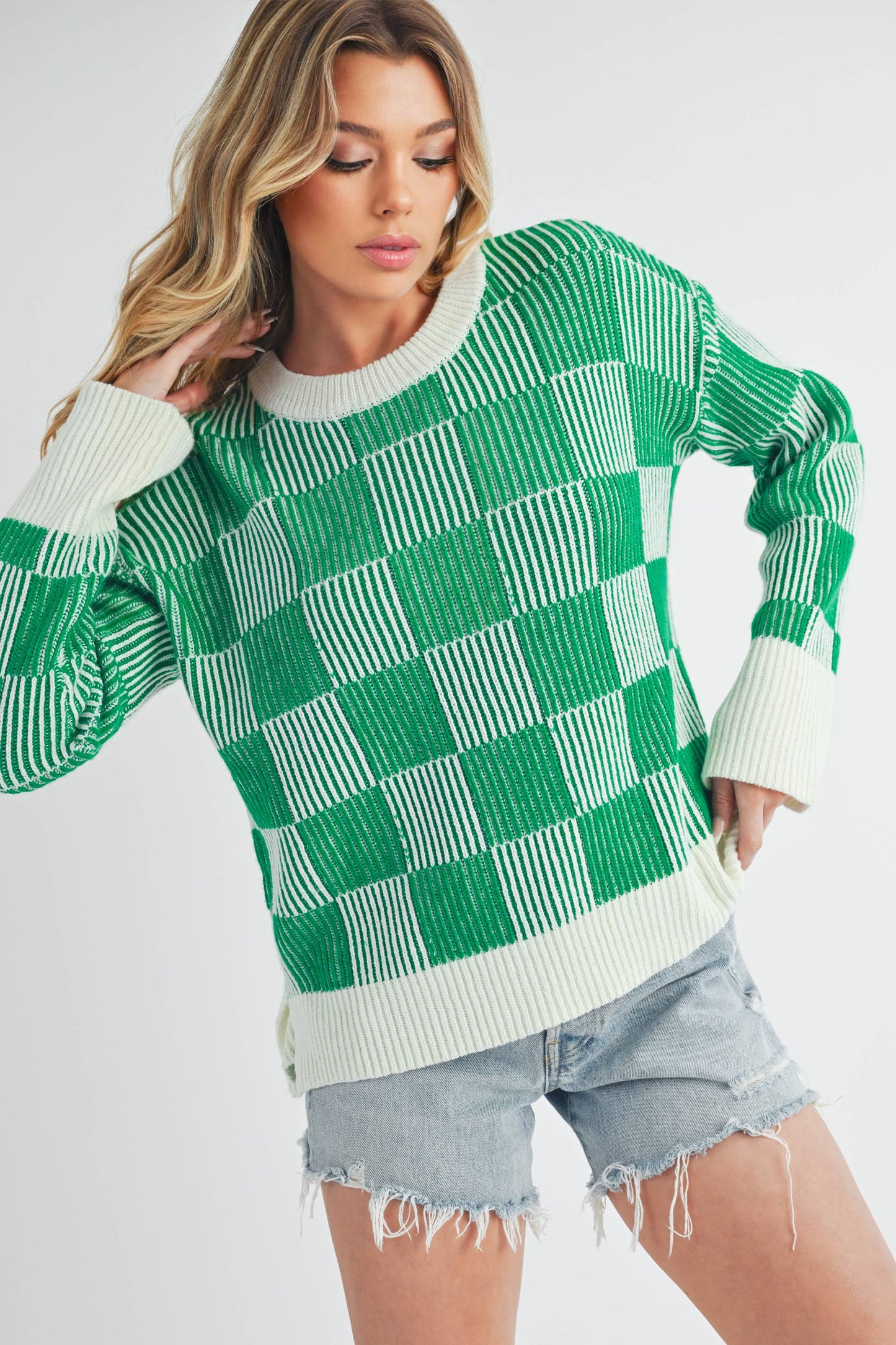 Green & White Checkered Sweater