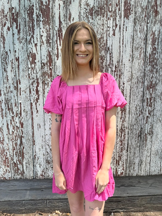 Pink Puff Sleeve Mini Dress