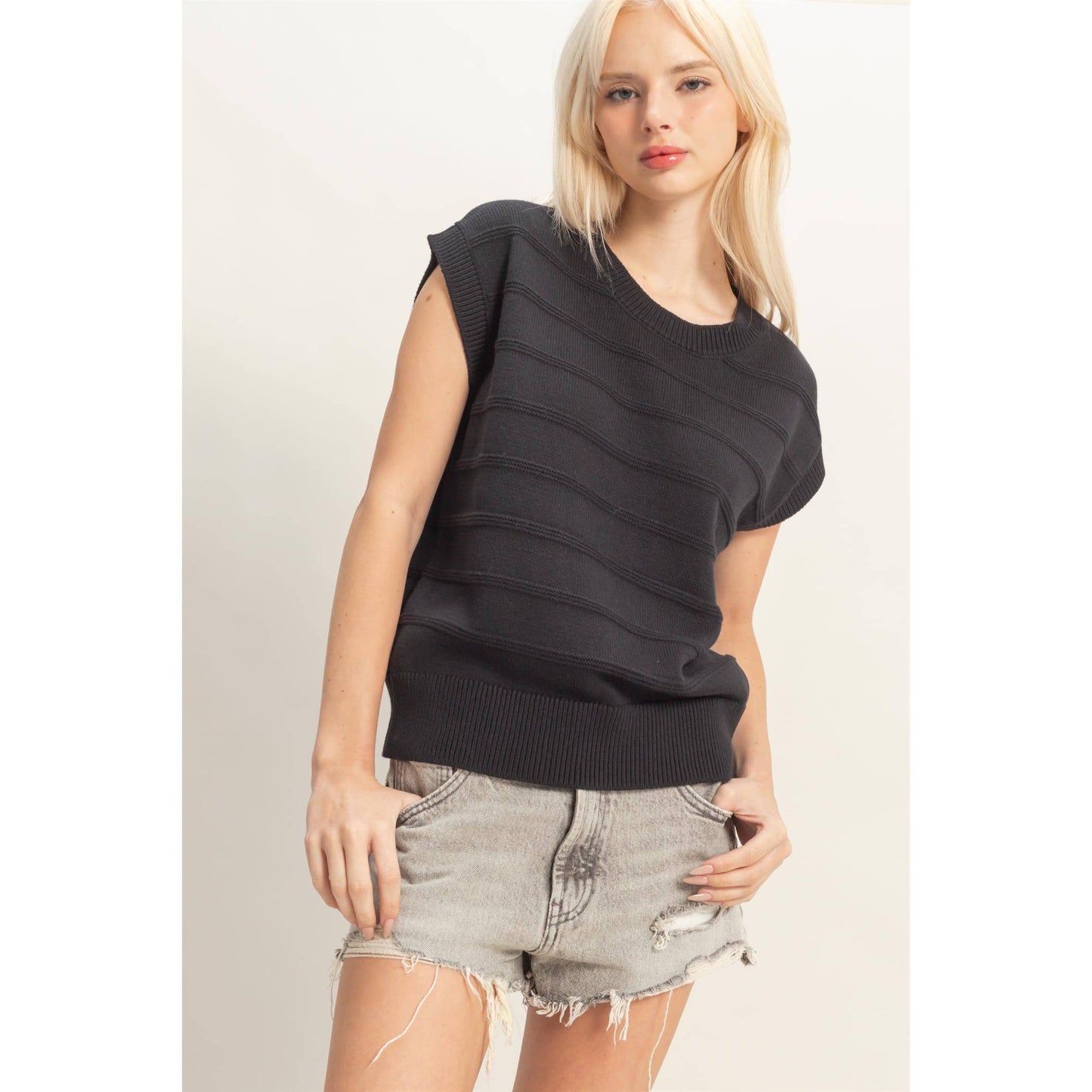 Black Textured Round Neck Dolman Sleeve Top