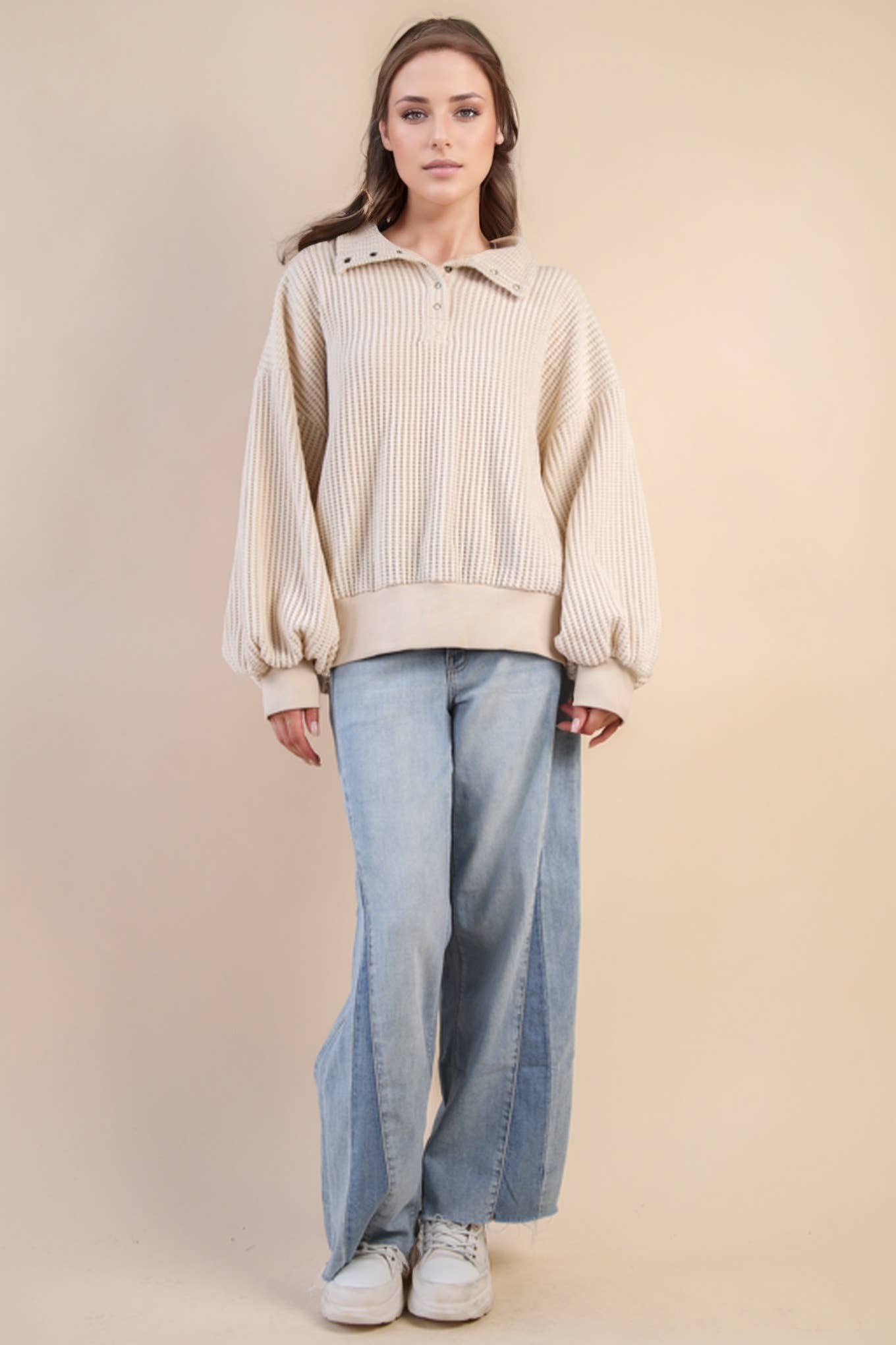 Oversized Half Button Down Casual Waffle Knit Top