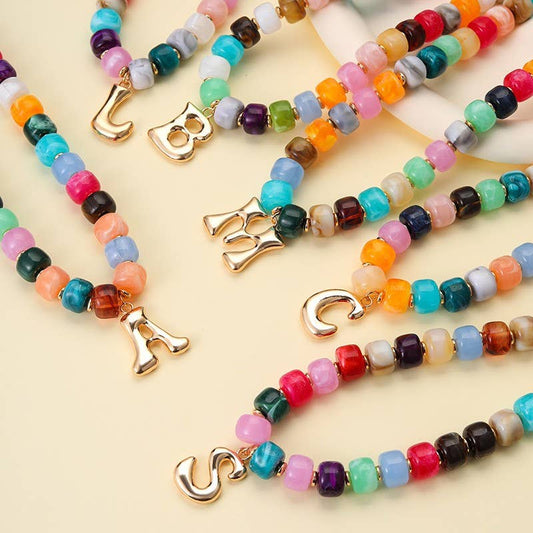 Multi Chunky Beaded Initial Charm Necklace Set