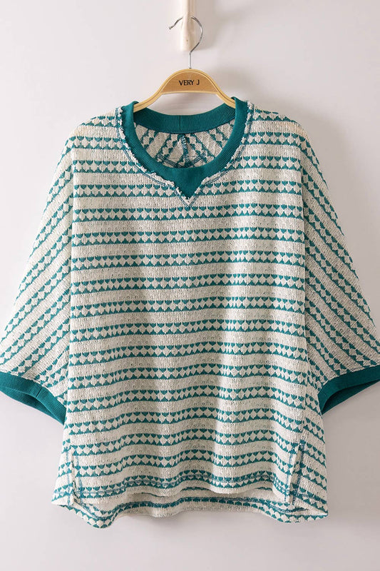 Green Textured Stripe Knit Top