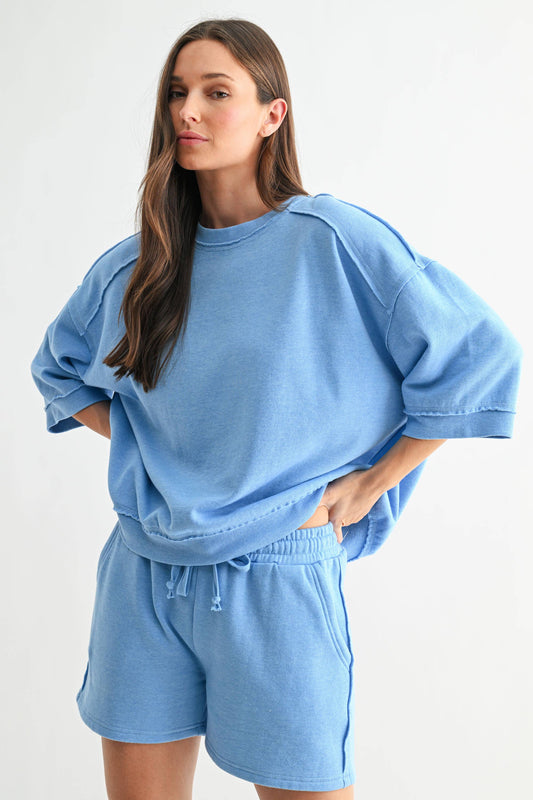 Cotton Blend Fleece Fray ¾ Sleeve Lounge Top