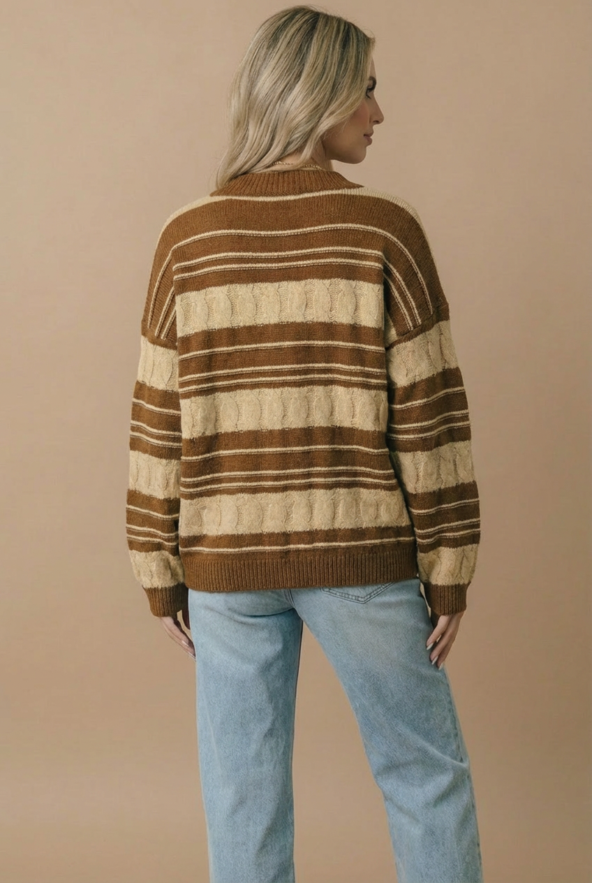 Camel Striped Cable Button Down Cardigan