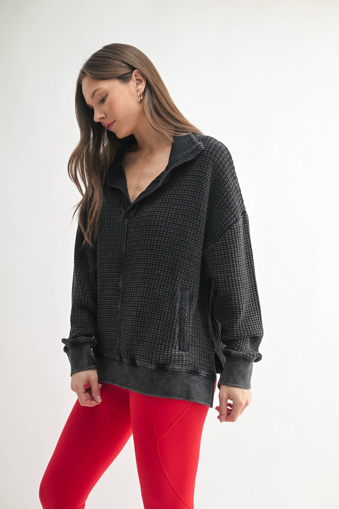 Chunky Waffle Mineral Wash Collared Sweater