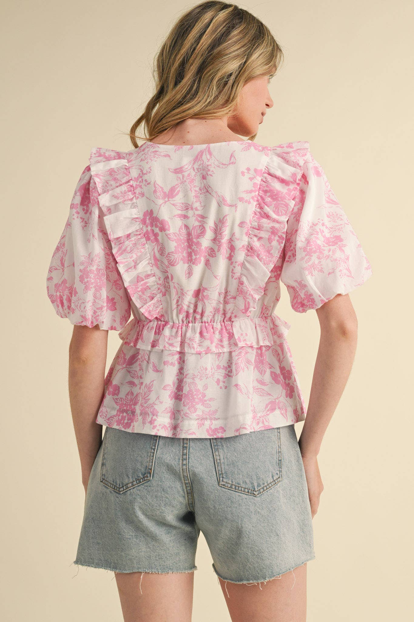 PINK PRINT FLORAL RUFFLED BUBBLE SLEEVE TOP