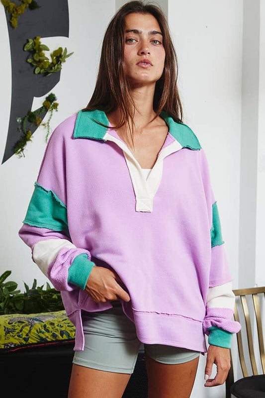 French Terry Color-block Collared Loose Fit Top