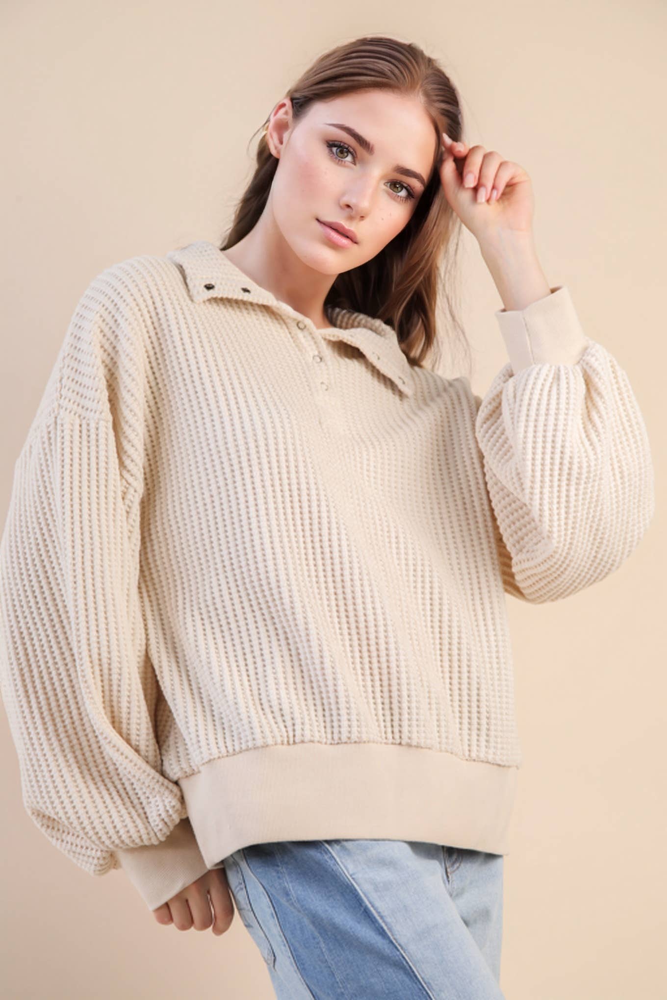 Oversized Half Button Down Casual Waffle Knit Top
