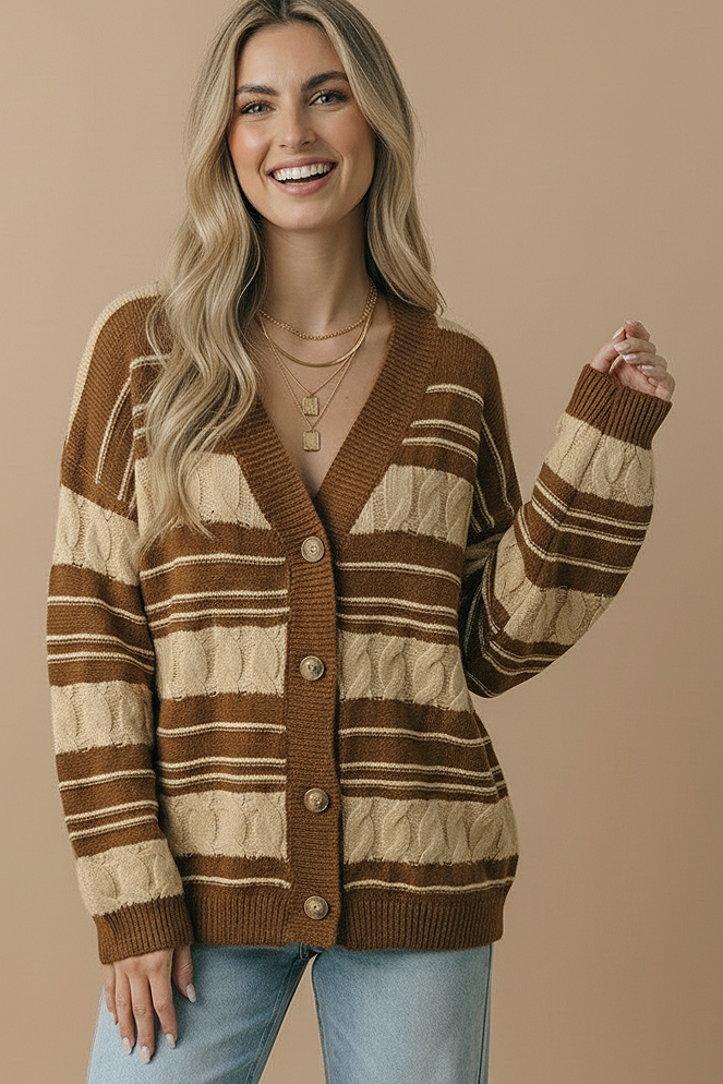 Camel Striped Cable Button Down Cardigan