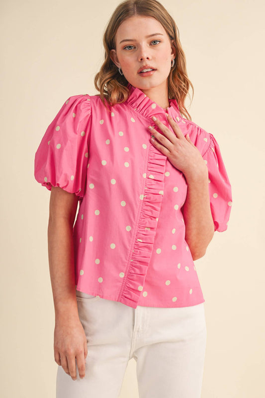 PINK POLKA DOT RUFFLED BUTTON DOWN TOP