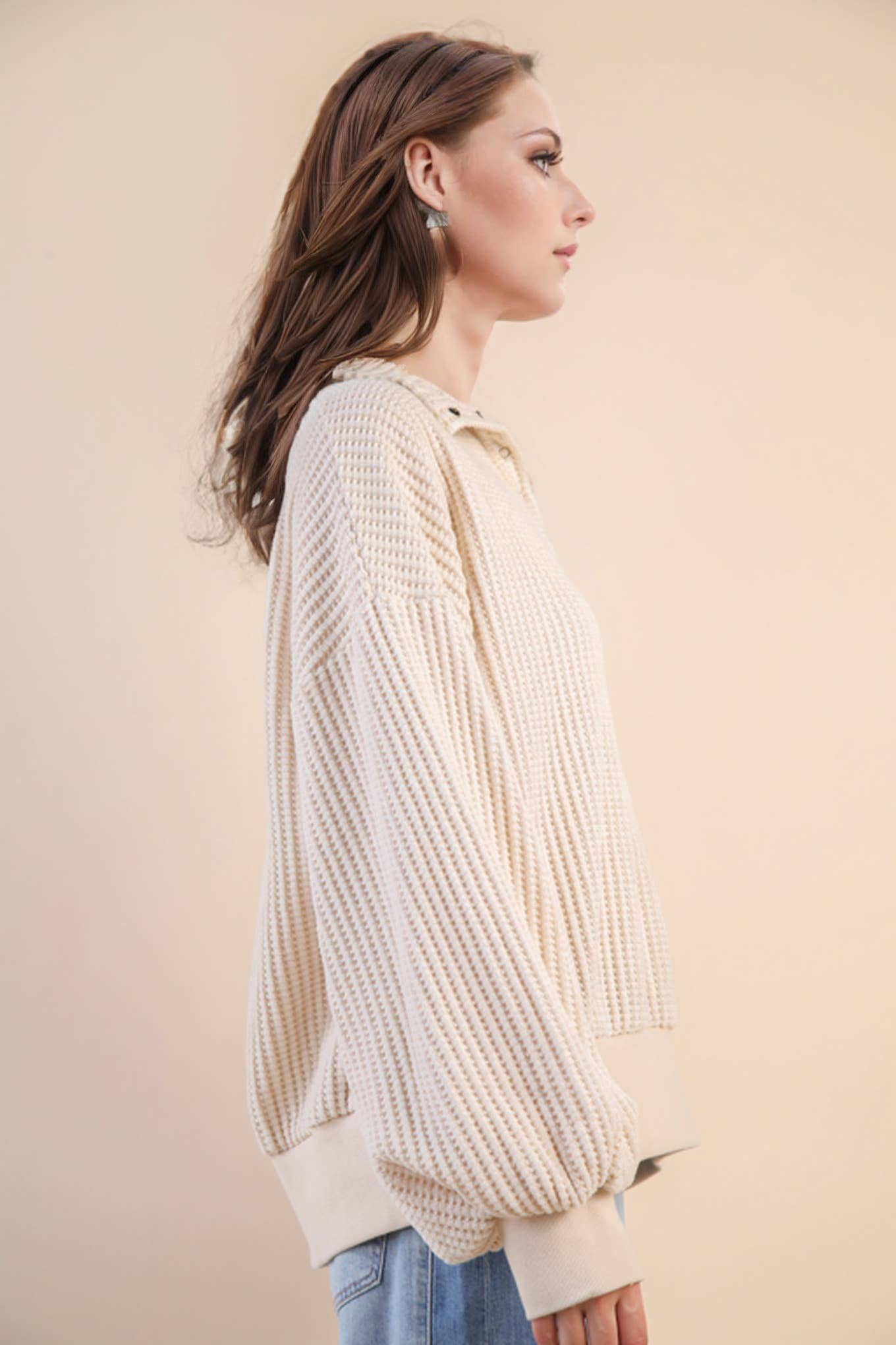 Oversized Half Button Down Casual Waffle Knit Top