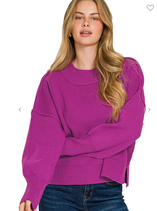 Plum Wide Neck Band Drop Shoulder Sweater