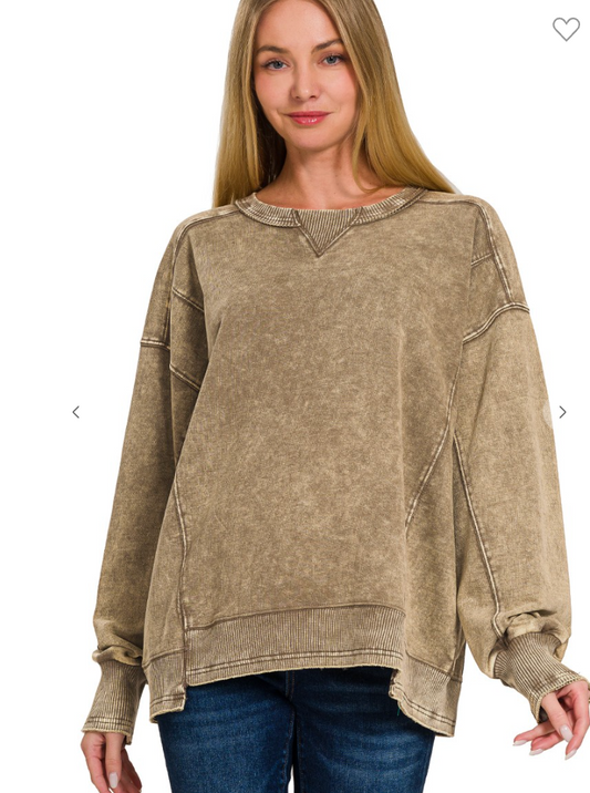 Mocha French Terry Acid Wash Pullover