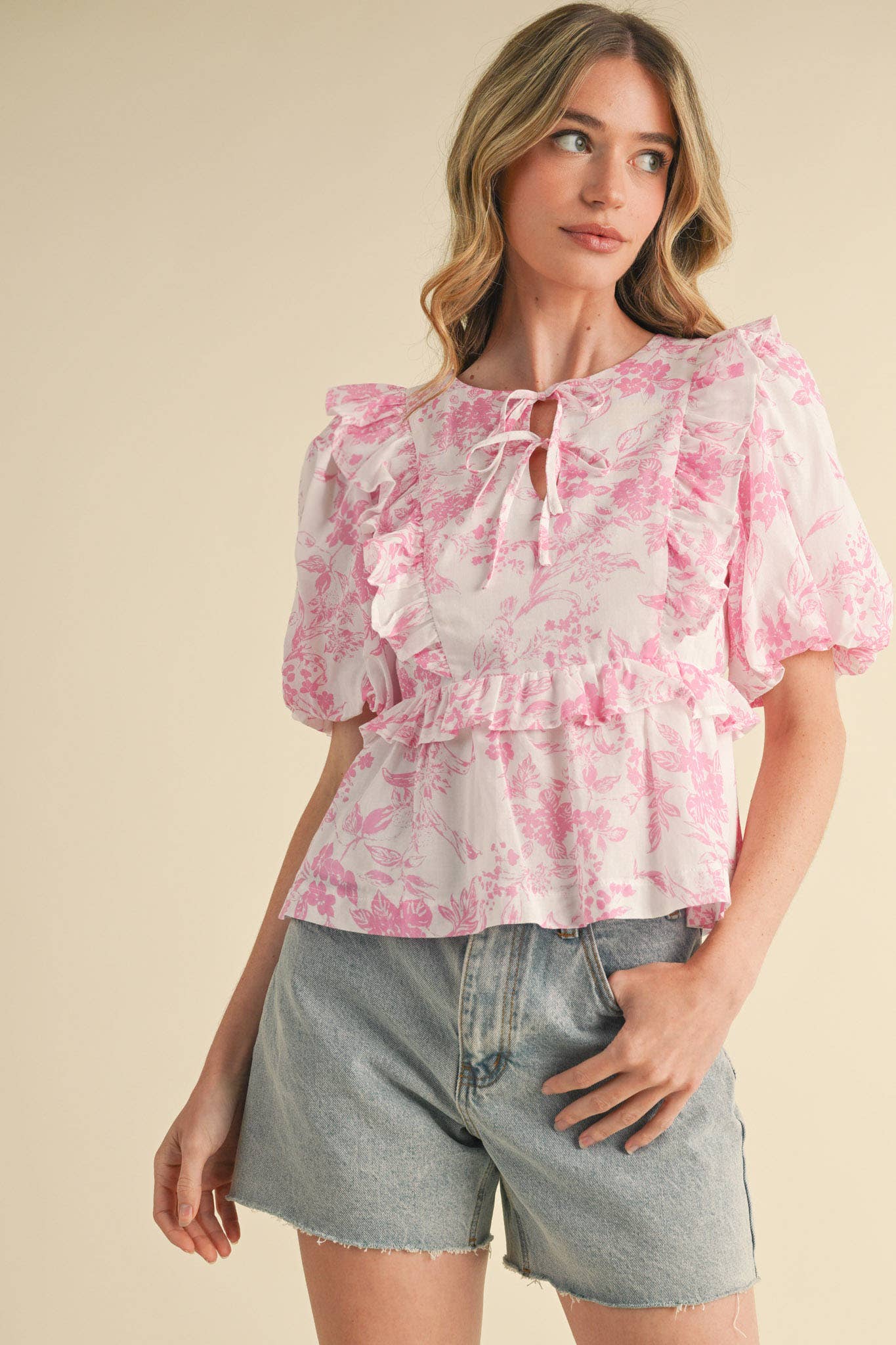 PINK PRINT FLORAL RUFFLED BUBBLE SLEEVE TOP