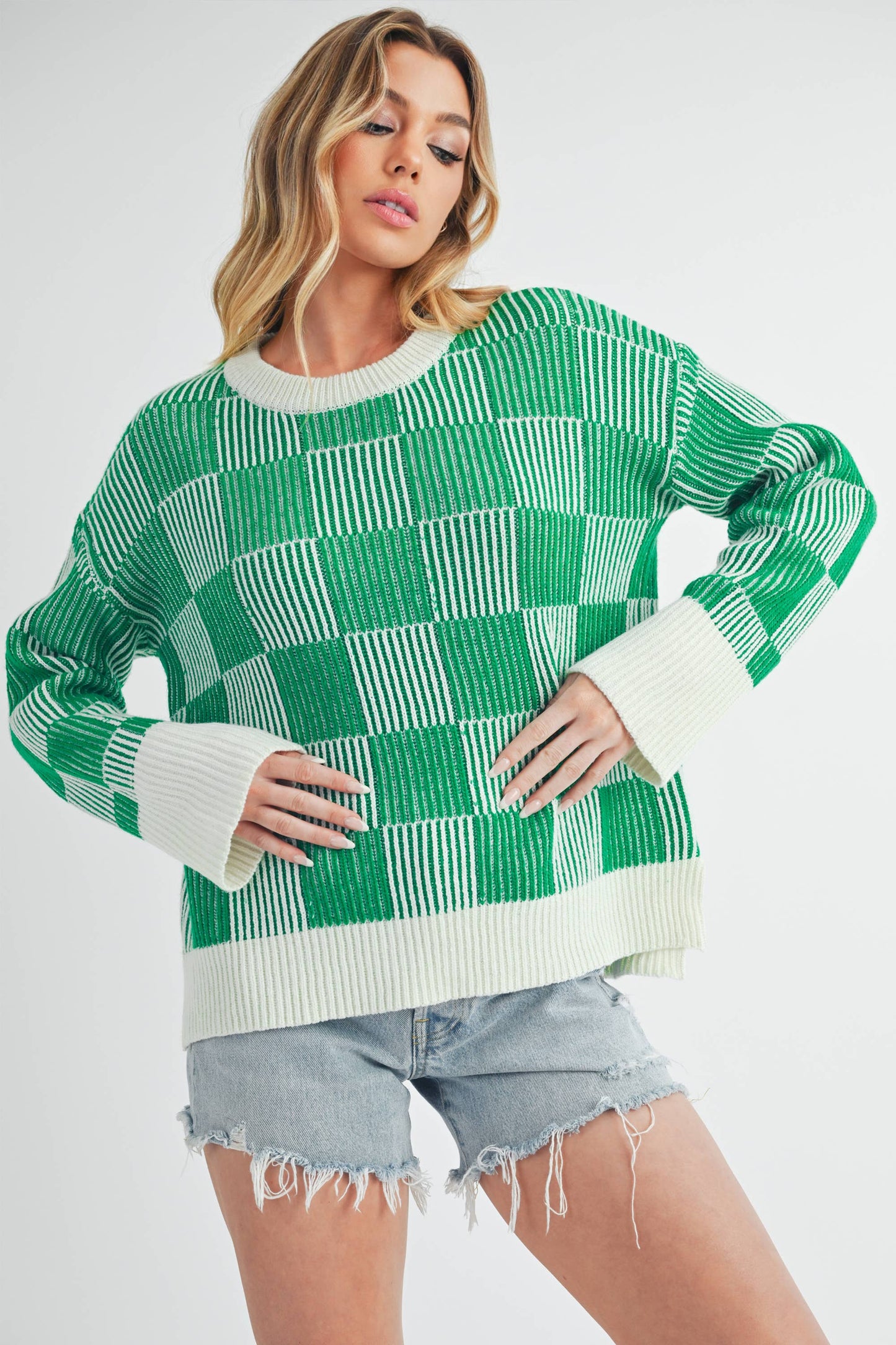 Green & White Checkered Sweater