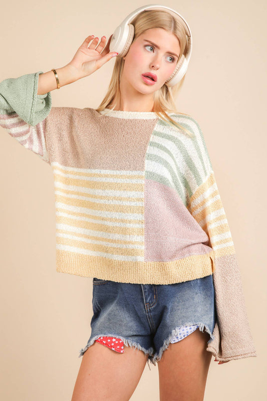 Oversized Color Block & Stripe Knit Sweater Top