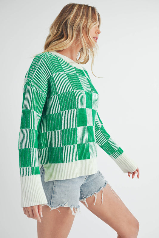 Green & White Checkered Sweater