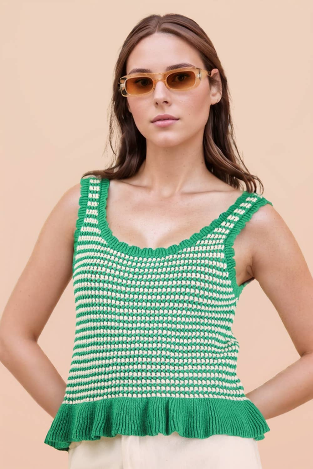 Kelly Green Ruffle Hem Stripe Sleeveless Knit Sweater Top