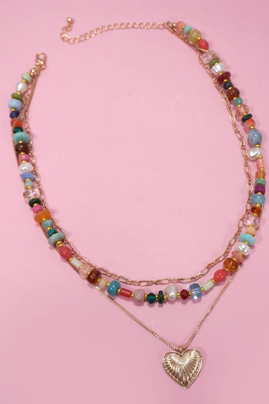 MULTI LAYERED BEADED HEART CHARM NECKLACE |